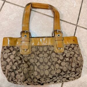 Coach Tan and Brown Signature Shoulder Bag